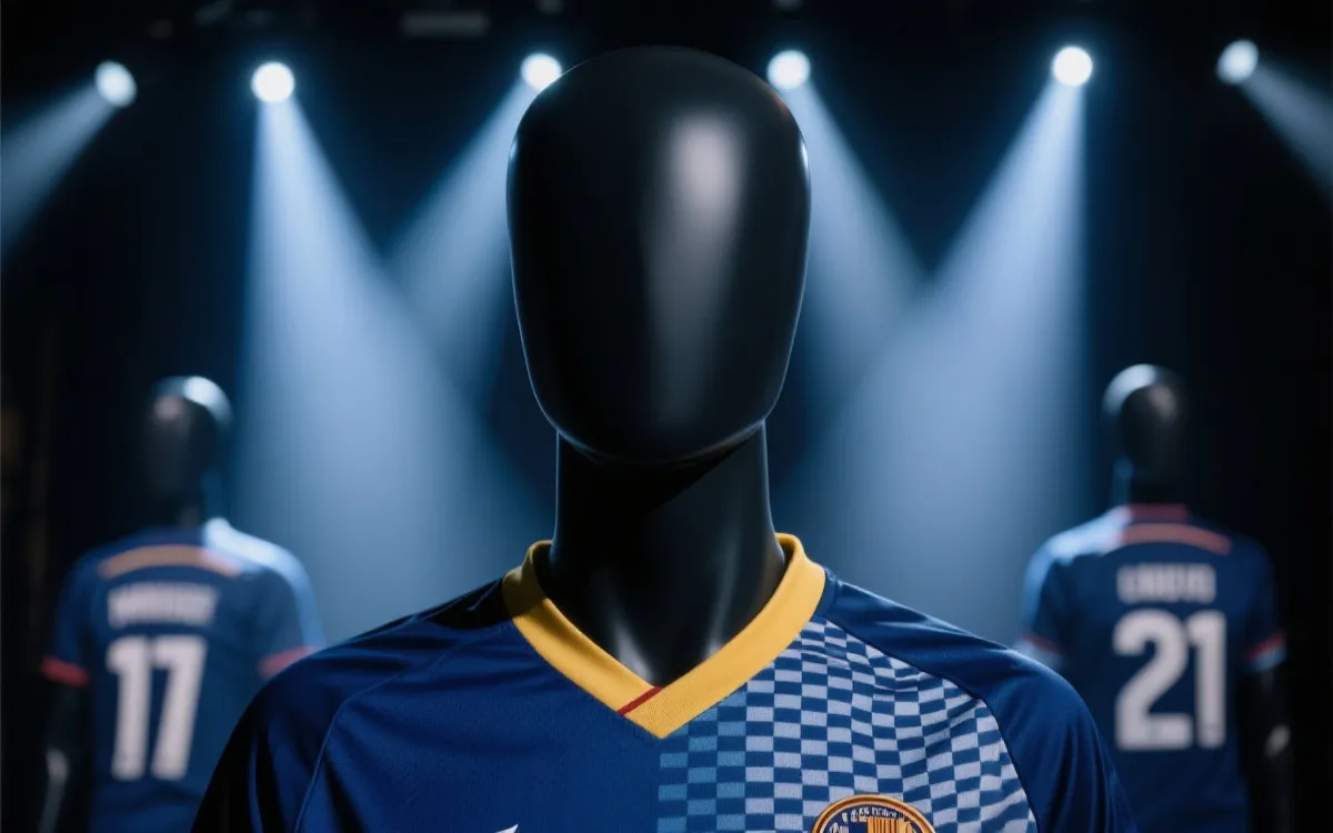 球衣发布会现场概念图：灯光下展示球衣纹理与号码细节