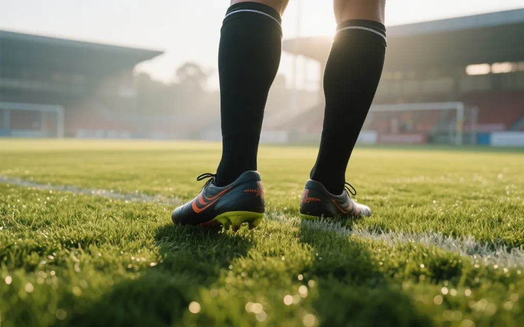 世界杯球场开球前的草地特写与球员脚步，充满期待的清晨光线